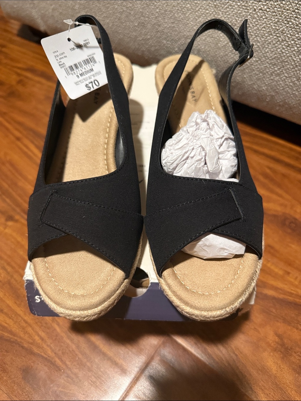 St. Johns Bay Black Slingback Espadrille Wedges 9 new